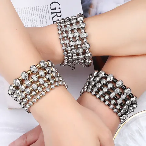 Stainless Steel Mesh Texture Beaded Bracelet Waterproof Non-fading Bicolor Metal Beads Elastic Hand Chain Jewelry For Unisex