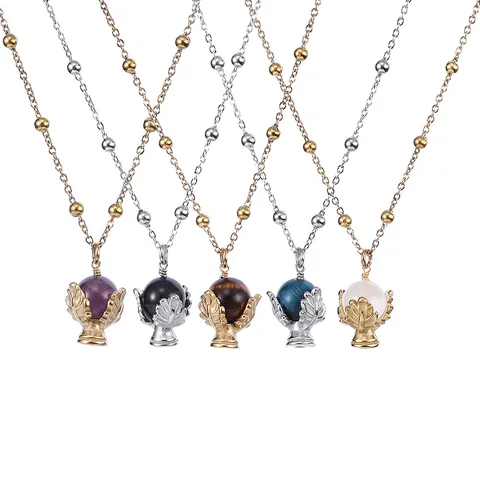 Stainless Steel Natural Stone Pendant Necklace For Women Gold Silver Leaf Lotus Flower Design Vintage Jewelry Gift