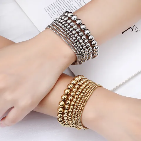 Minimalist Stainless Steel Beaded Elastic Bracelet Gold Silver Plated Waterproof Simple Metal Ball Bead Chain Unisex Jewelry Gift