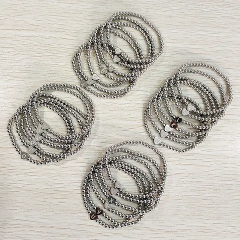 Stainless Steel Beads Elastic Bracelet For Women Men Waterproof Heart Initial Letter Pendant Bead Strand Bracelet