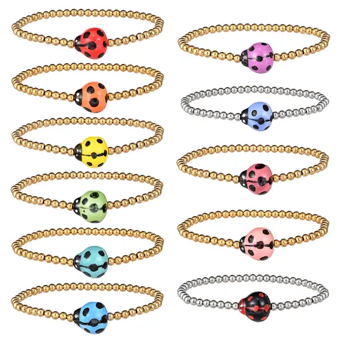 Fashion Animal Style Ceramic Ladybug Stainless Steel Elastic Beaded Bracelet 18K Gold Plated Women Jewelry Ladybird Charm