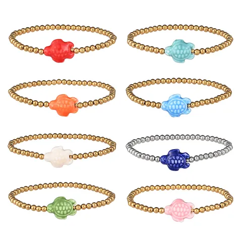 Ocean Style Stainless Steel Beaded Bracelet with Ceramic Turtle Charm Gold Silver Plated Elastic Stretch Bracelet for Women