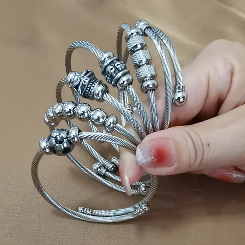 Stainless Steel Elastic Twisted Cable Cuff Bracelet For Women Men Punk Gothic Skull Football Charm Bracelet Bangle Jewelry
