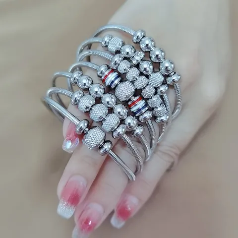 Stainless Steel Coil Bangle Bracelet for Women Waterproof No Fade Magnetic Clasp Spring Wire Bracelet Rhinestone Enamel Beads