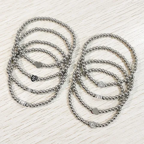 Stainless Steel Beads Elastic Bracelet For Women Men Waterproof Heart Initial Letter Pendant Bead Strand Bracelet