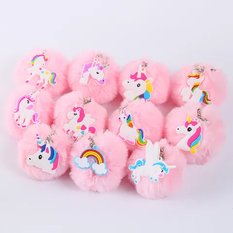 Simpatico Portachiavi con Pompon in Pelliccia Sintetica di Unicorno Ciondolo per Borsa in Colla PVC Portachiavi per Donne Ragazze