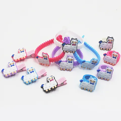 Cartoon Alpaka Schmuckset PVC Armband Ring Haarklammer Für Damen Kinder Süßer Tierstil Zubehör Geburtstag Party Geschenk