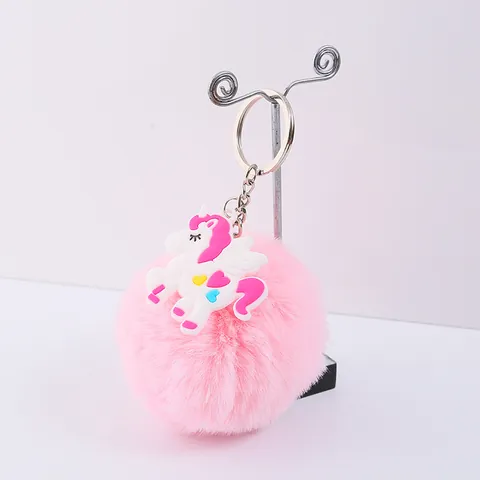 Süß Cartoon Rosa Flauschig Kunstfell Ball Schlüsselanhänger PVC Einhorn Regenbogen Wolke Tasche Anhänger Auto Schlüsselring Für Mädchen