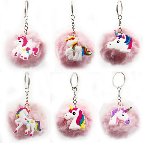 Simpatico Portachiavi con Pompon in Pelliccia Sintetica di Unicorno Ciondolo per Borsa in Colla PVC Portachiavi per Donne Ragazze