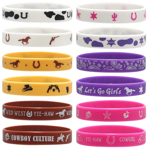 Cowboy Theme Silicone Wristband Wild West Sheriff Star Paisley Pattern Rubber Bracelet For Kids Western Birthday Party Favors