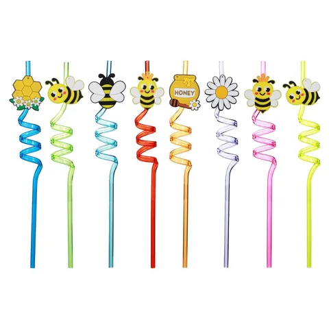 Little Bee Curly Straws Spiral Drinking Straws Cartoon Silicone Charms Party Favors Multicolored Reusable Tools For Kids Celebration