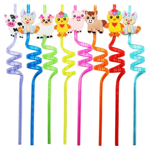 Farm Animal Reusable Spiral Drinking Straws Cartoon Cow Pig Horse Charms Multi-Colored Plastic Straws For Kids Party Favors