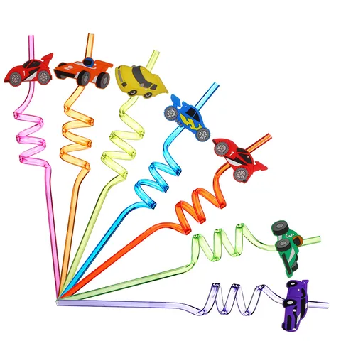Pailles à Boire en Spirale Réutilisables avec Décoration de Voiture de Course Cartoon Pailles en Plastique pour Fête d'Anniversaire