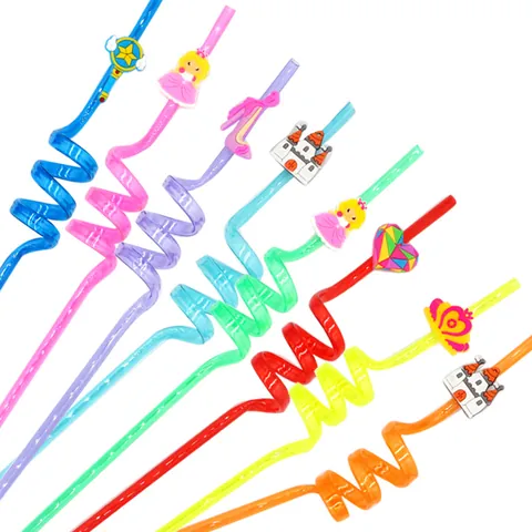 Reusable Plastic Spiral Straws With Cartoon PVC Ornaments Space Princess Panda Kids Party Decorative Drinking Tools