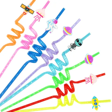 Reusable Plastic Spiral Straws With Cartoon PVC Ornaments Space Princess Panda Kids Party Decorative Drinking Tools