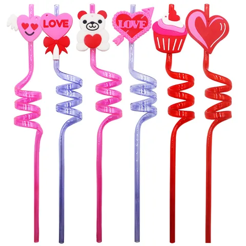 Pajitas Reutilizables de Plástico para el Día de San Valentín de Dibujos Animados Lindo Corazón Oso Adorno Desmontable de PVC Pajitas en Espiral Rizado para Niños Bar Fiesta de Cumpleaños Decoración