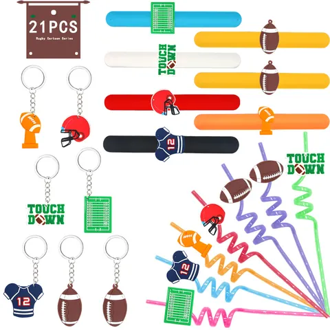 Rugby Party Favors Set Silicone Slap Bracelets PVC Keychains Drinking Straws Sports Theme Birthday Gift For Boys Kids