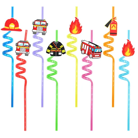 8 Piezas Pajitas Espirales con Tema de Camión de Bomberos Pajitas de Plástico Reutilizables Multicolor para Fiesta Infantil