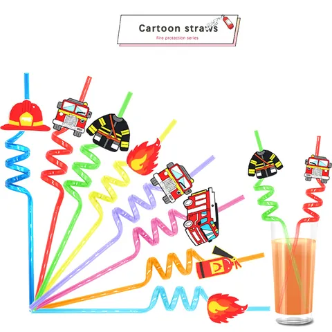8 Piezas Pajitas Espirales con Tema de Camión de Bomberos Pajitas de Plástico Reutilizables Multicolor para Fiesta Infantil