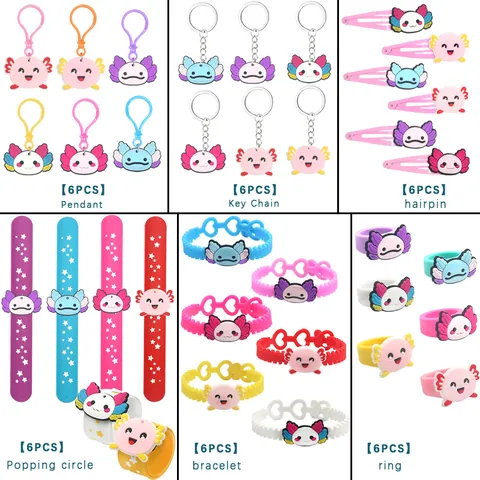 Set di Bomboniere Axolotl in Cartone Animato Simpatici Portachiavi in PVC Anelli Bracciali Fermagli per Capelli Cannucce