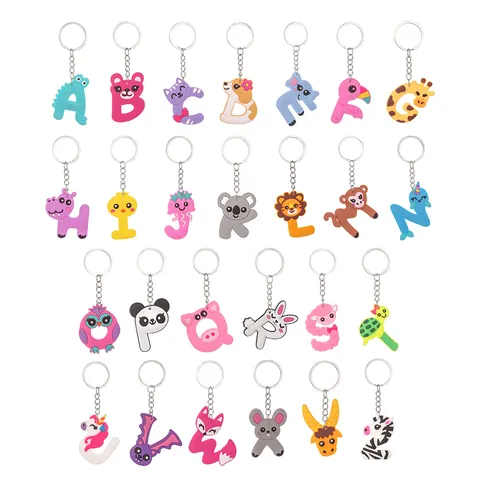 Cartoon Animal Alphabet Keychains PVC Animal Letter Keyring For Kids Party Favors Gift Bag Charm Backpack Decoration
