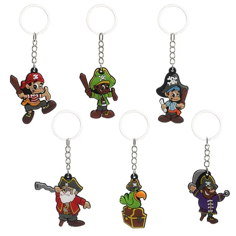Portachiavi in PVC Cartone Animato Pirata Simpatico Capitano Nave Pappagallo Scrigno Ciondolo per Borsa Decorazione Regalo Festa