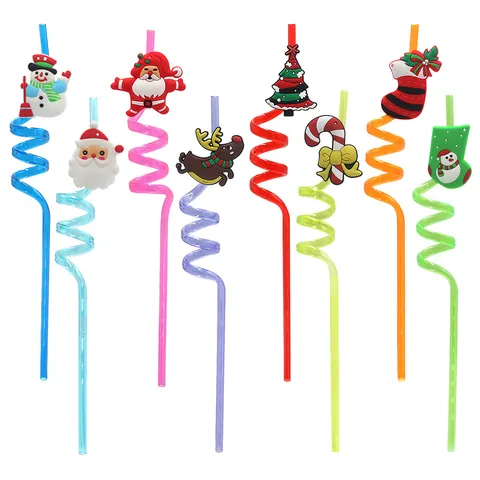 Pajitas en Espiral PET Reutilizables de Navidad Con Decoraciones de Silicona Papá Noel Muñeco de Nieve para Fiesta Regalo