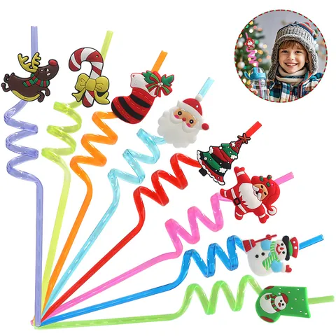 Pajitas en Espiral PET Reutilizables de Navidad Con Decoraciones de Silicona Papá Noel Muñeco de Nieve para Fiesta Regalo