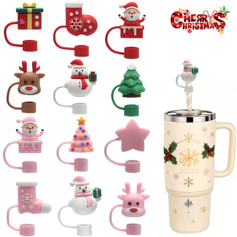 Christmas Silicone Straw Covers Dust Proof Reindeer Santa Snowman Tree Pattern Drinking Straw Toppers Caps For Party Home Decor Universal Silicone Straw Accessories