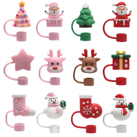 Christmas Silicone Straw Covers Dust Proof Reindeer Santa Snowman Tree Pattern Drinking Straw Toppers Caps For Party Home Decor Universal Silicone Straw Accessories