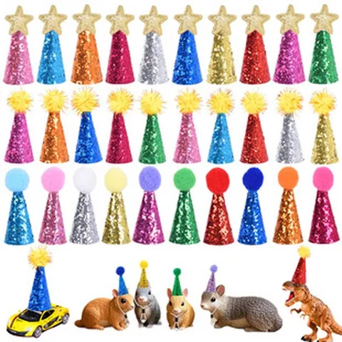 Mini Glitter Pet Party Hats For Small Dogs Cats Birthday Christmas Holiday Decoration Adjustable Elastic Cord Pom Pom Star