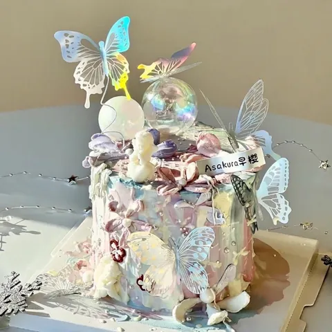 Iridescent Hollow Butterfly Cake Toppers Aesthetic Laser PVC Butterfly Cake Decorations For Birthday Wedding Valentine's Day Party