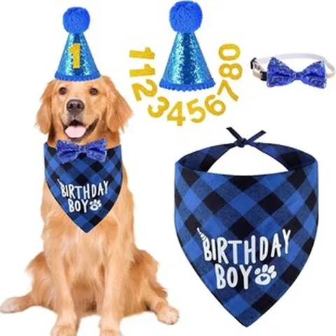 Pet Birthday Party Set Plaid Dog Bandana Sequin Birthday Hat and Bowtie With Numbers for Small Medium Dogs Cats Birthday Decorations