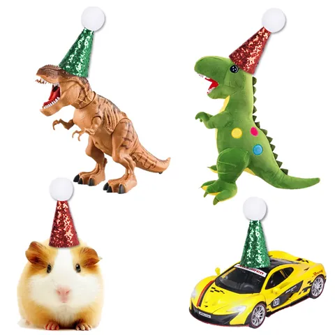 Christmas Mini Pet Hats For Hamster Lizard Reptile Shiny Sequin Festival Party Decor Hat With Adjustable Strap Pom Pom