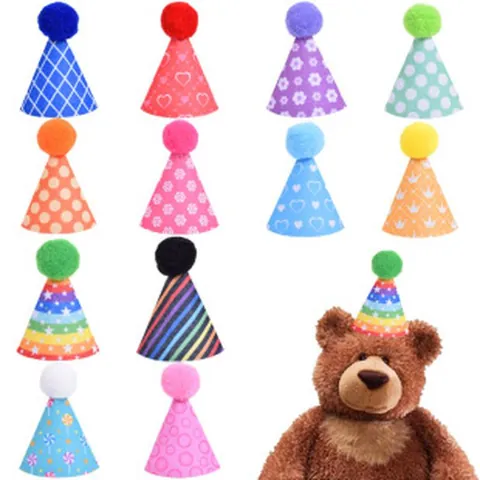 Pet Birthday Hats Felt Party Decoration For Cats Dogs Small Animals Adjustable Strap Colorful Pom-poms Festive Headwear