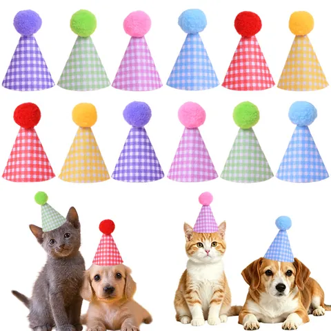 Colorful Plaid Pet Birthday Party Hat With Pom Pom Adjustable Cone Hat For Cats Small Dogs Kitten Puppy Holiday Decor