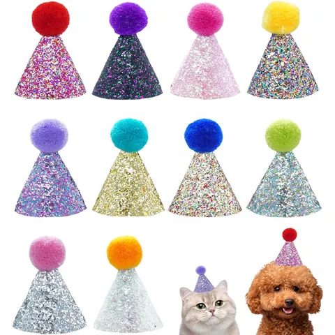 Sombreros de Fiesta de Cumpleaños para Mascotas con Brillo Forma de Cono para Gatos Perros Gorros de Celebración con Pompones Correa Elástica Ajustable