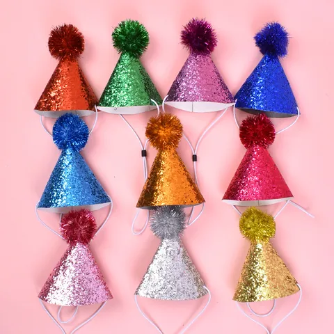 Adjustable Glitter Pet Birthday Party Hat With Pompom Sequin Faux Leather Dog Cat Headwear Cute Animal Photography Prop