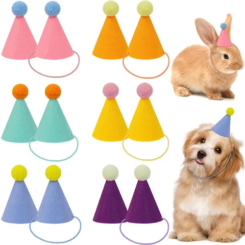 Pet Birthday Hat Set For Dogs Cats Rabbits Colorful Non-Woven Fabric Cone Hat With Pom-poms Adjustable Headwear Photo Props