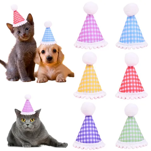 Mini Gorros De Cumpleaños A Cuadros Para Mascotas Perros Gatos Conejos Decoración De Fiesta Correa Ajustable Borde De Pompón