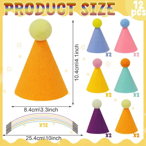 Pet Birthday Hat Set For Dogs Cats Rabbits Colorful Non-Woven Fabric Cone Hat With Pom-poms Adjustable Headwear Photo Props
