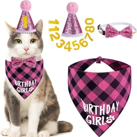 Pet Birthday Party Set Plaid Dog Bandana Sequin Birthday Hat and Bowtie With Numbers for Small Medium Dogs Cats Birthday Decorations