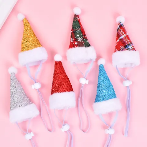 Pet Christmas Birthday Hat Sequin Plaid Mini Cone Hat With Pom Pom Adjustable Strap For Cat Small Dog Party Decoration