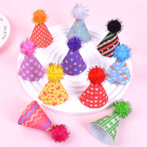 10 Pcs Set Pet Birthday Party Hats Creative Printed Felt Fabric Mini Cone Hats With Adjustable Elastic Band For Cats And Dogs