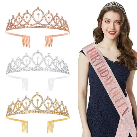 Birthday Crown Tiara And Sash Set For Women Girls Glitter Birthday Queen Girl Sash Rhinestone Princess Crown Party Decorations