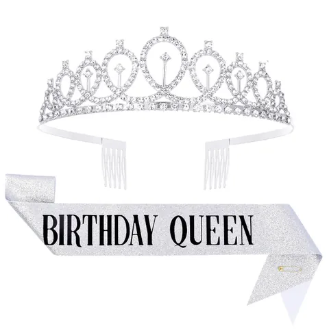 Birthday Crown Tiara And Sash Set For Women Girls Glitter Birthday Queen Girl Sash Rhinestone Princess Crown Party Decorations