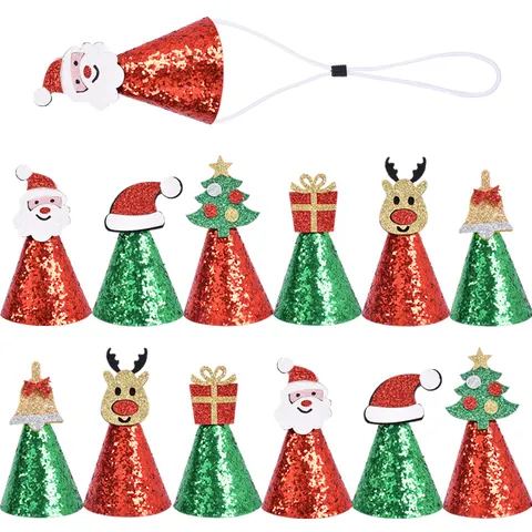 Glitter Pet Christmas Hat Sequin Birthday Party Cap For Dogs Cats Festive Adjustable Headwear With Plush Ball Decor