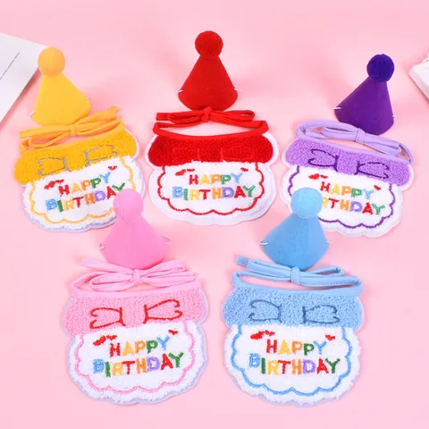 Cute Pet Birthday Party Decoration Set Happy Birthday Embroidered Bib Scarf And Adjustable Pom Pom Hat For Cats Dogs