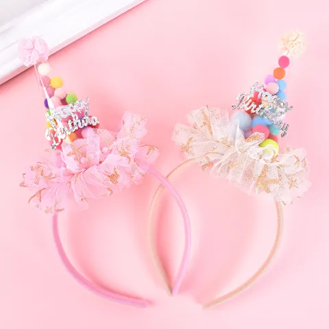 Girl Birthday Party Headband Mini Mesh Cone Hat With Colorful Plush Balls Glitter Happy Birthday Text Princess Costume Prop