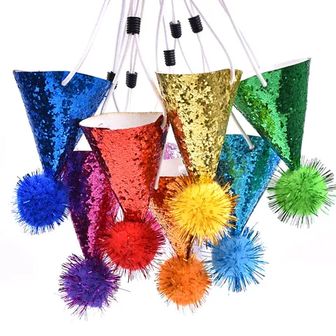 Sombrero Fiesta Cumpleaños para Mascotas Purpurina Gato Perro Cuero Sintético Brillante Cono Con Pompón Correa Elástica Ajustable Accesorio